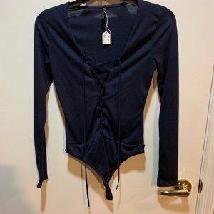 Boutique navy ribbed lace up bodysuit M NEW
